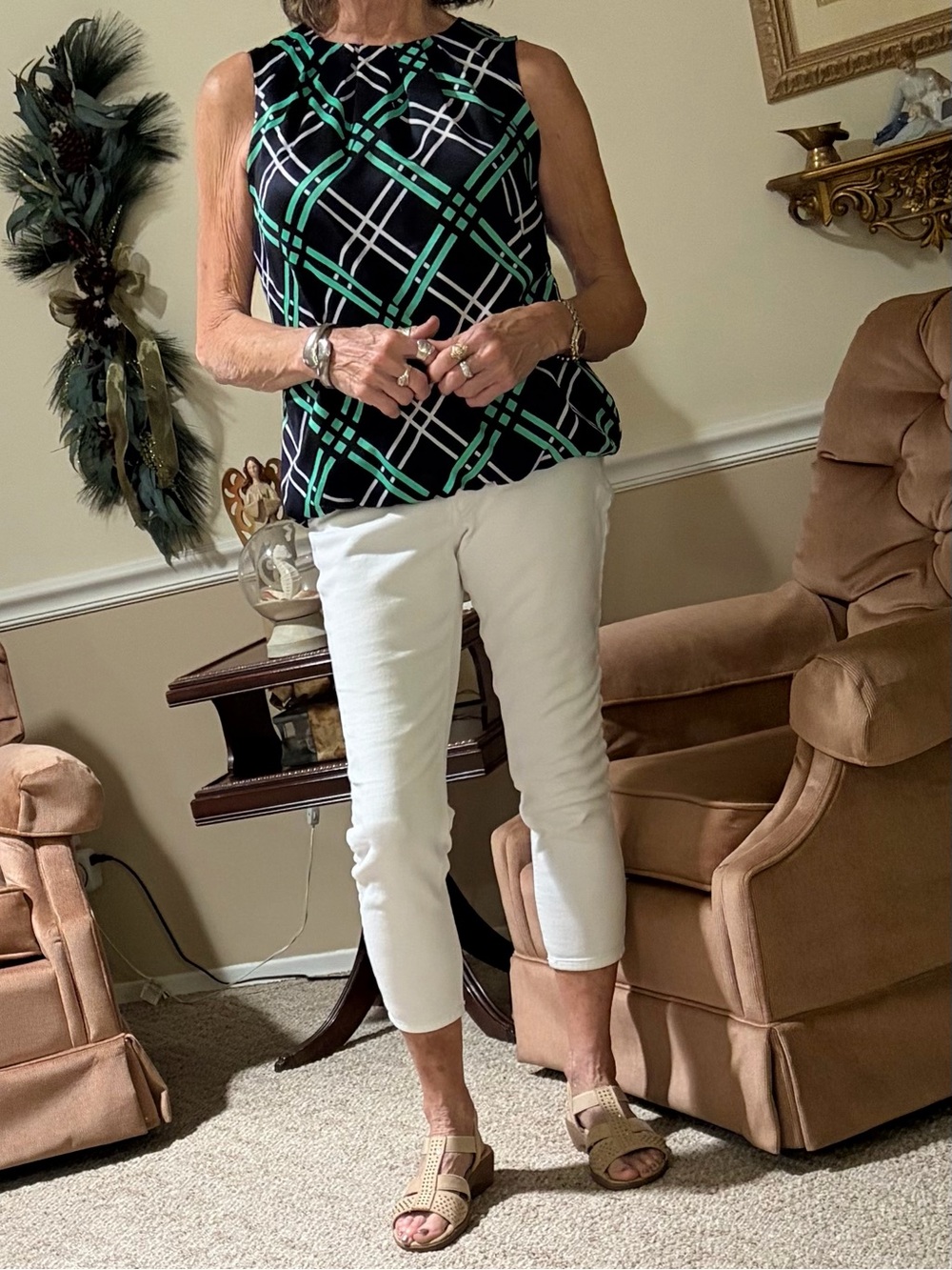 Navy blouse with green & white basket weave print